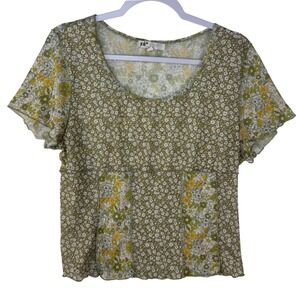 Jolt Women XL Green Yellow Floral Mesh Top Lettuce Edge Short Sleeve Cottagecore